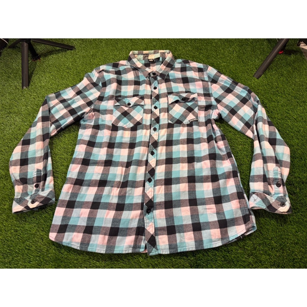 RUSTY Plaid Flannel Long Sleeve‎ Button Up Shirt Teal Pink Black Men's Size XL